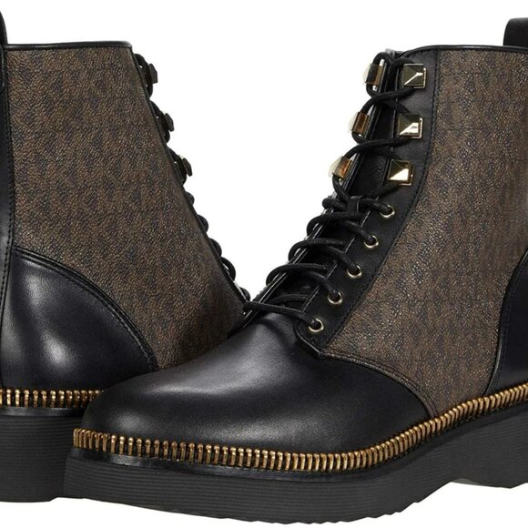 Michael Kors Haskell Crinkled Leather and Logo Combat Boot. 10 - Picture 2 of 12